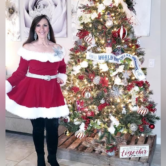 Vintage Rubies Christmas Ms Santa Clause Red Velvet Off Shoulder White Fur Dress - Picture 3 of 17